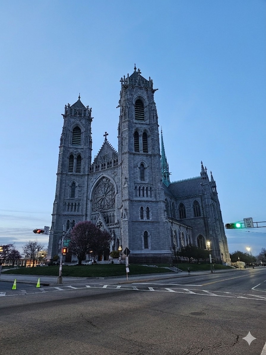 Cathedral Basilica exterior at dusk